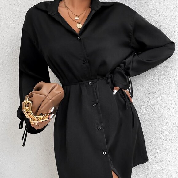 Black Elegant Women's Solid Color Satin Collar Cinched Waist Long Sleeve Dress - Picture 4 of 5